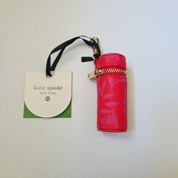 Kate Spade Target Red Pink Floral Lipstick Canvas Holder Bag Charm In Hand - Picture 2 of 6